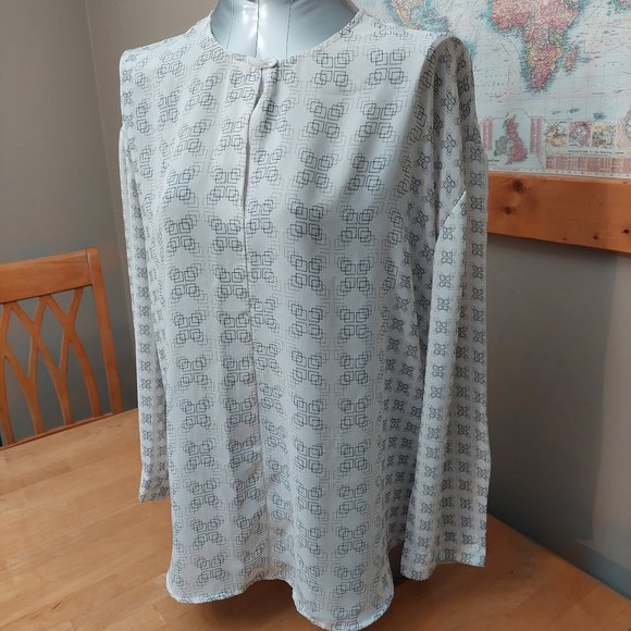 Harve Bernard Geometric Pattern L/S Blouse Cream Tan/Black Women's small - Picture 3 of 10
